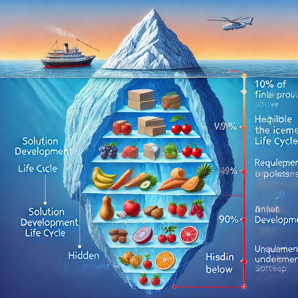 04 – SDLC iceberg: 10% visible product, 90% hidden lifecycle below the surface