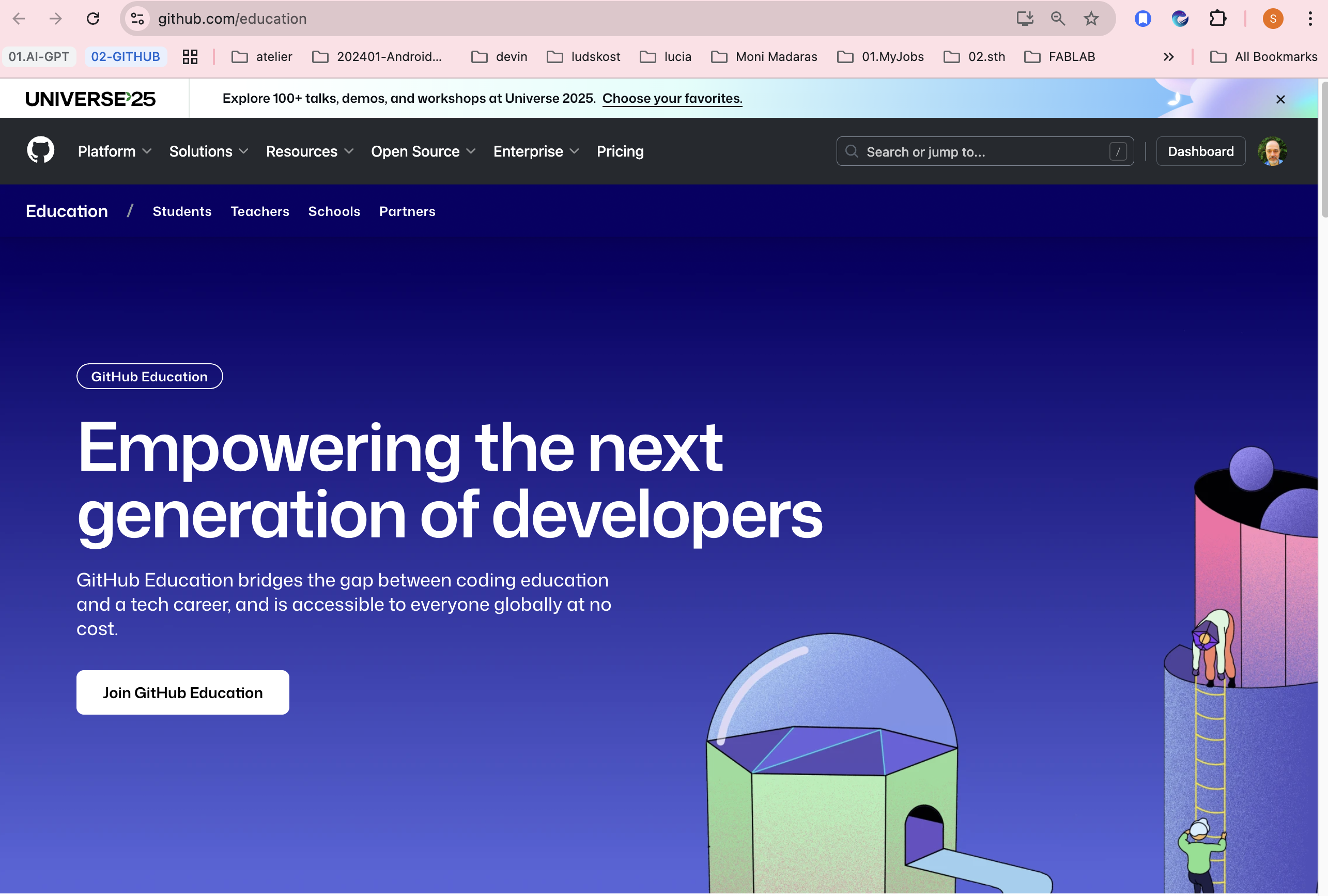 Step 1 - GitHub Education homepage